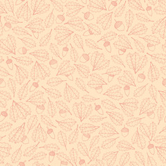 Vector hand drawn pattern with red autumn oak leaves and acorns contours on the beige background. Fall ornament with foliage.