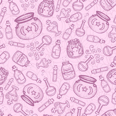 Vector hand drawn purple witch bottles seamless pattern on the pink background. Black outline of potions, elixirs, vials and cauldrons. Cute halloween design.