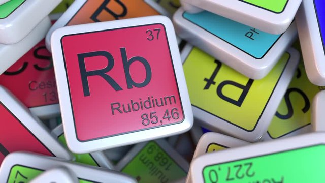 Rubidium Rb block on the pile of periodic table of the chemical elements blocks. Chemistry related intro animation