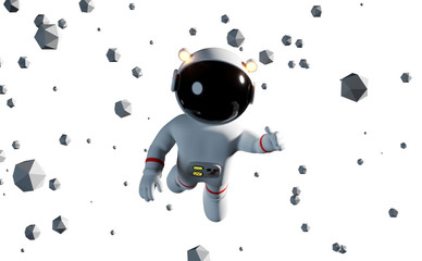 white cartoon astronaut character flying between geometric objects in front of a white background 