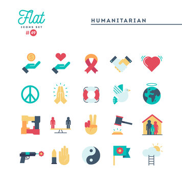 Humanitarian, peace, justice, human rights and more, flat icons set, vector illustration