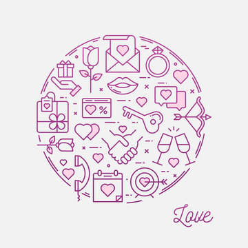 Love, thin line icons circular frame banner, vector illustration