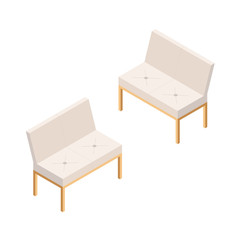 Settee. Sofa with Backrest in Isometric View. Couch for two. Modern piece of furniture for home and office. Vector illustration of two views in isolation from the background. Small Sofa