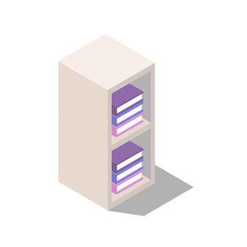 wardrobe with shelves for document storage, shelves with books, interior items for home and office isometric