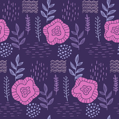 Floral seamless hand-drawn pattern on violet background. Scandinavian design style. Vector illustration