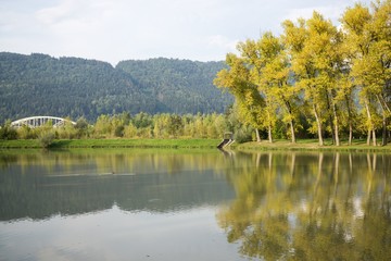Fototapeta na wymiar Trees reflections in water of lake. Slovakia