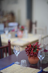 Served table in the restaurant of national Italian cuisine in anticipation of guests