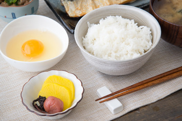 raw egg, rice and natto for japanese breakfast