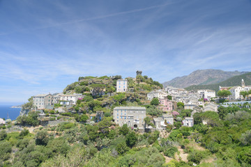 Fototapeta na wymiar Aerial view of the beautiful village of Nonza, in Cap Corse, Corsica, France