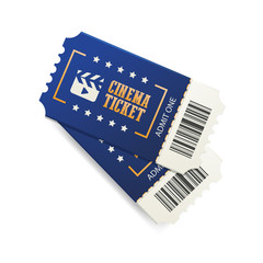 Two cinema tickets with barcode, close up top view isolated on white background. Creative vector concept, movie banner.