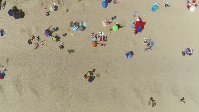Aerial top-down view moving right over beach during summer time showing people sun bathing on light brown sand and the colorful parasols and beach towels on the warm sand beautiful day 4k quality