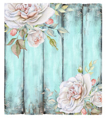 Vintage Turquoise Wooden Background with White Rose Bouquets