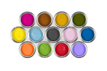 An arrangement of 13 colourful paint pots.