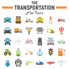 Transportation flat icon set, transport symbols collection, vehicle vector sketches, logo illustrations, navigation signs colorful solid pictograms package isolated on white background, eps 10.