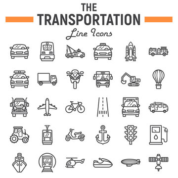 Transportation line icon set, transport symbols collection, vehicle vector sketches, logo illustrations, navigation signs linear pictograms package isolated on white background, eps 10.