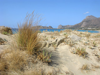 Mediterranean landscape of coastline with bundle grass on white sand, with lagoon of sea and with mountains. Falassarna beach, Crete, Greece.