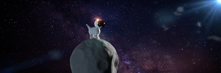 cute cartoon space dog in white space suit standing on an asteroid in front of the Milky Way galaxy  - obrazy, fototapety, plakaty