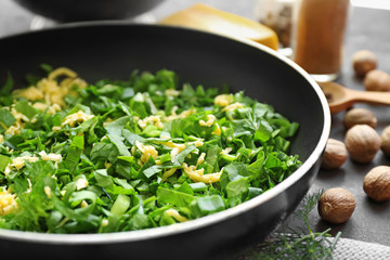 Ingredients for spinach sauce on frying pan
