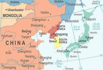 North Korea South Korea Japan China Russia Mongolia Map - Vector Illustration