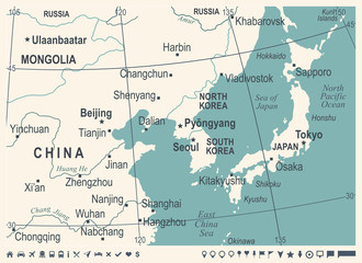 North Korea South Korea Japan China Russia Mongolia Map - Vintage Vector Illustration