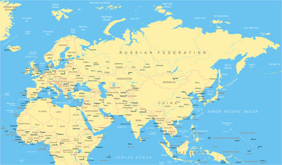 Obraz premium Eurasia Europa Russia China India Indonesia Thailand Africa Map - Vector Illustration
