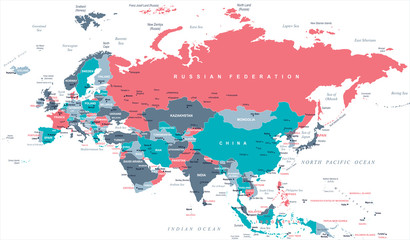 Eurasia Europa Russia China India Indonesia Thailand Map - Vector Illustration - obrazy, fototapety, plakaty