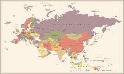 Eurasia Europa Russia China India Indonesia Thailand Map - Vintage Vector Illustration