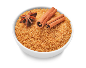 Sweet cinnamon sugar in bowl on white background