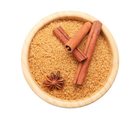 Sweet cinnamon sugar in bowl on white background