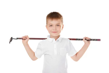 Photo sur Aluminium Golf Little boy with golf driver isolated on white