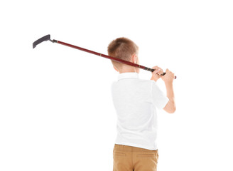 Little boy with golf driver isolated on white