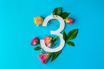 Composition with number 3 and beautiful flowers on color background