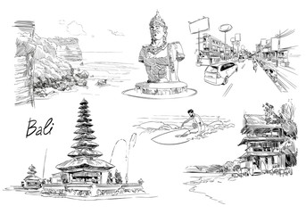 Hand drawn Bali landmarks set. Sketch vector illustration. - obrazy, fototapety, plakaty