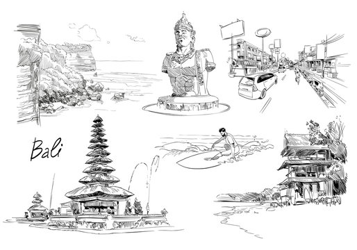 Hand drawn Bali landmarks set. Sketch vector illustration.