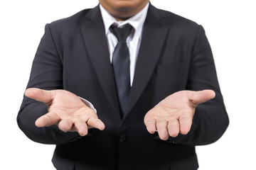 businessman in a suit opening palm hands