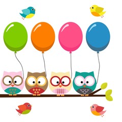 Four colorful owls with balloons sitting on the branch and flying butterflies on a white background