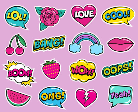 Cool modern colorful patch set on pink background. Fashion stickers of cherry, strawberry, watermelon, lips, rose flower, rainbow, hearts, retro comic bubbles, stars . Cartoon 80s-90s pop art style