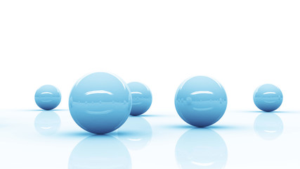 five blue reflective spheres blending into a bright white environment