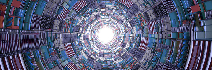 abstract technology tunnel with bright light at the end (3d render banner)