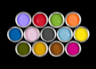 Arrangement of 13 paint tins on black background.