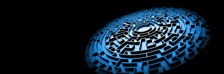 blue circular maze structure ablaze with light surrounded by darkness (3d illustration banner)
