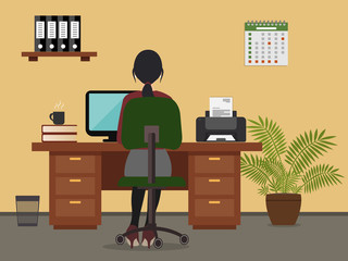 Workplace of office worker. The woman is an employee at work, she is sitting at a desk. There is a printer, a flower, a shelf with folders and other objects in the picture. Vector flat illustration