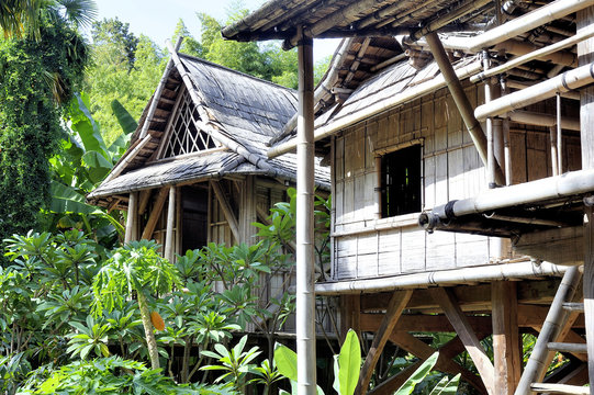 reproduction of a Laos house in the Anduze bamboo plantation