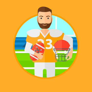 A hipster rugby player with the beard holding ball and helmet in hands. Male rugby player in uniform standing on rugby stadium. Vector flat design illustration in the circle isolated on background.