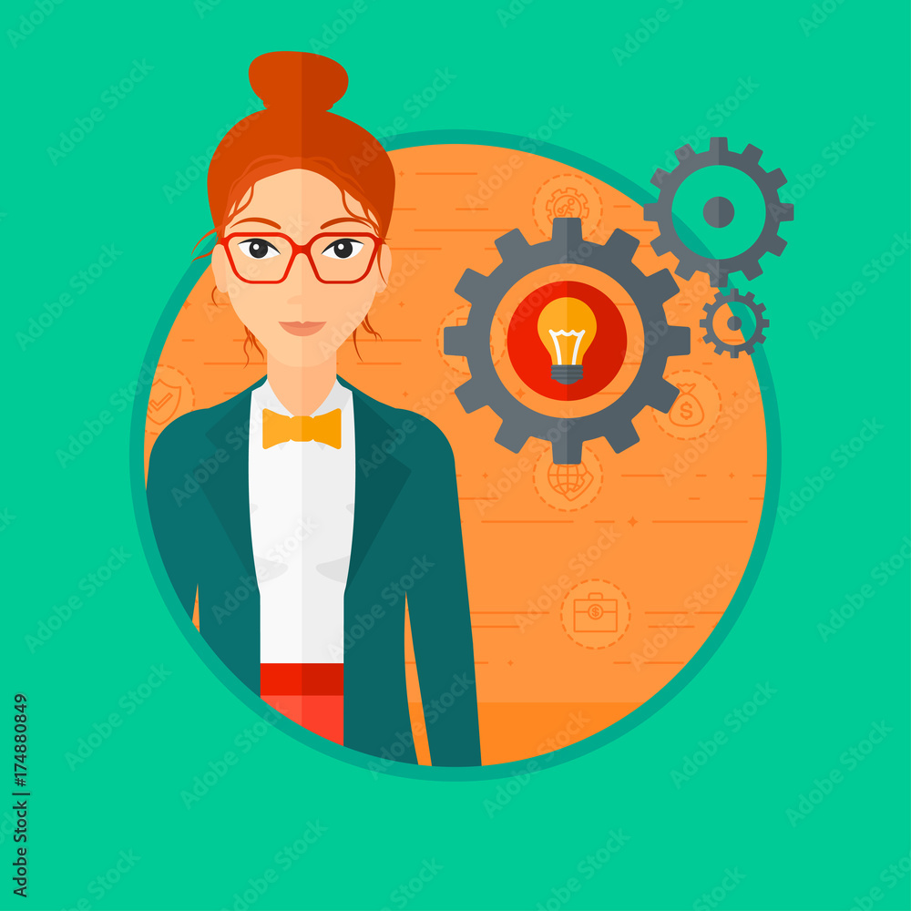 Poster young business woman having a business idea. successful business idea concept. business woman with b