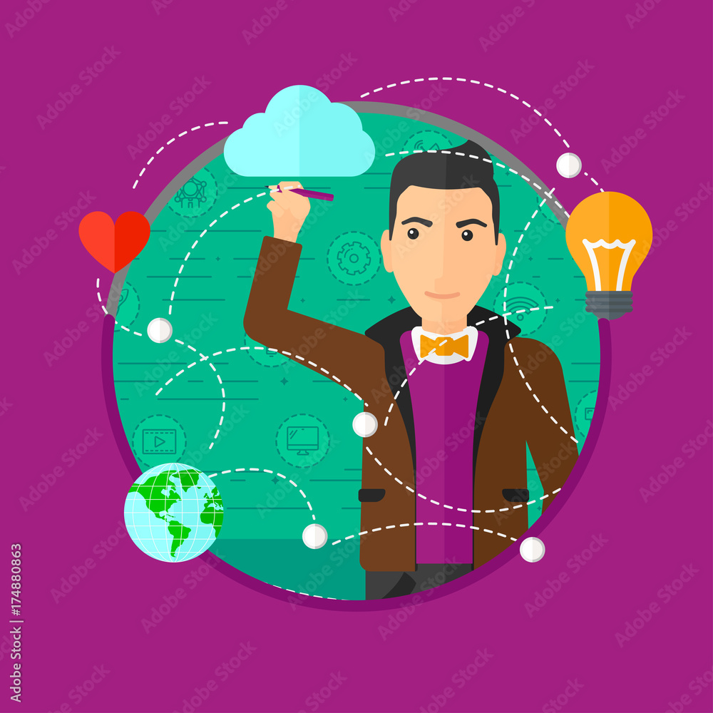 Poster young man writing on a virtual screen. businessman drawing a cloud computing diagram on a virtual sc