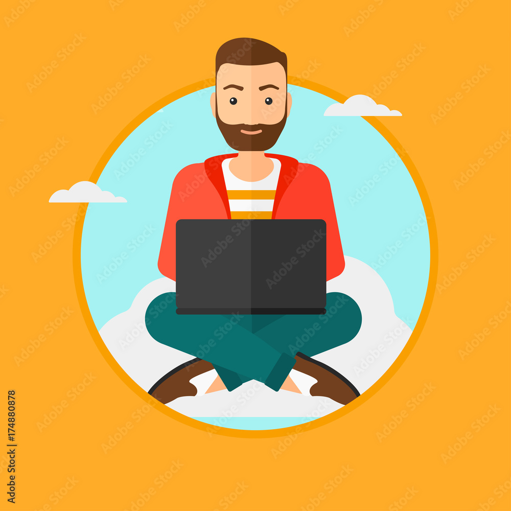 Poster a hipster man sitting on a cloud with a laptop on his knees. happy man using cloud computing technol