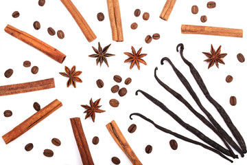 Vanilla sticks, cinnamon, coffee beans and star anise isolated on white background. Composition