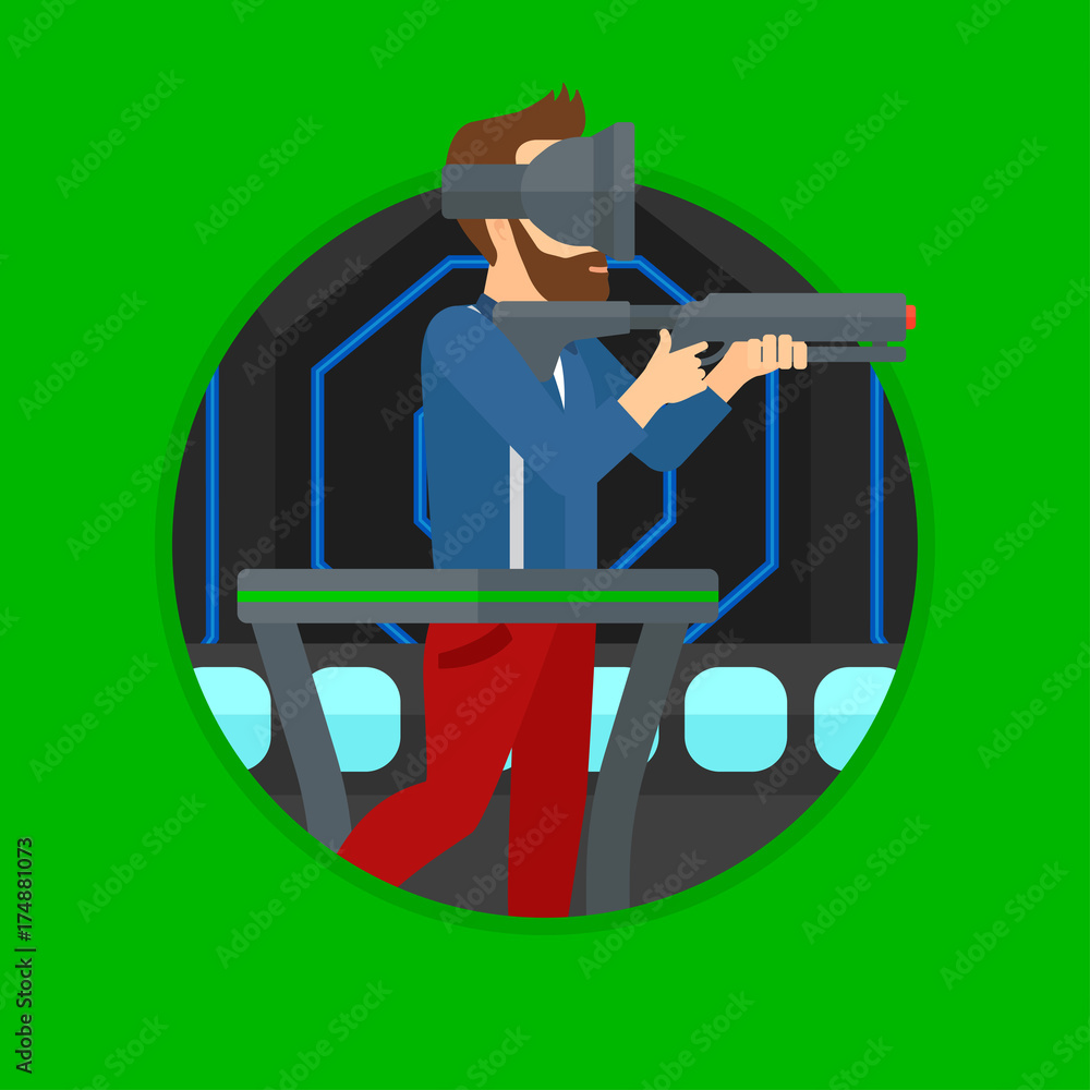 Aufkleber hipster man wearing virtual reality headset. hipster man playing video game while standing on a trea