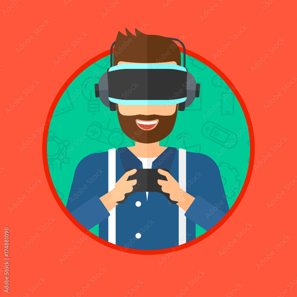 Aufkleber a hipster man with the beard wearing a virtual relaity headset. young man playing video game with ga